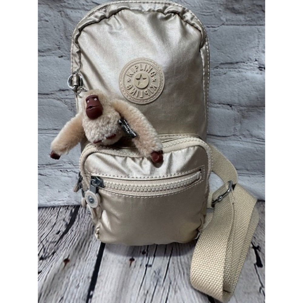 Kipling‎ Blake Sling Backpack Crossbody Bag STARRY GOLD Metallic Gorilla Ape EUC